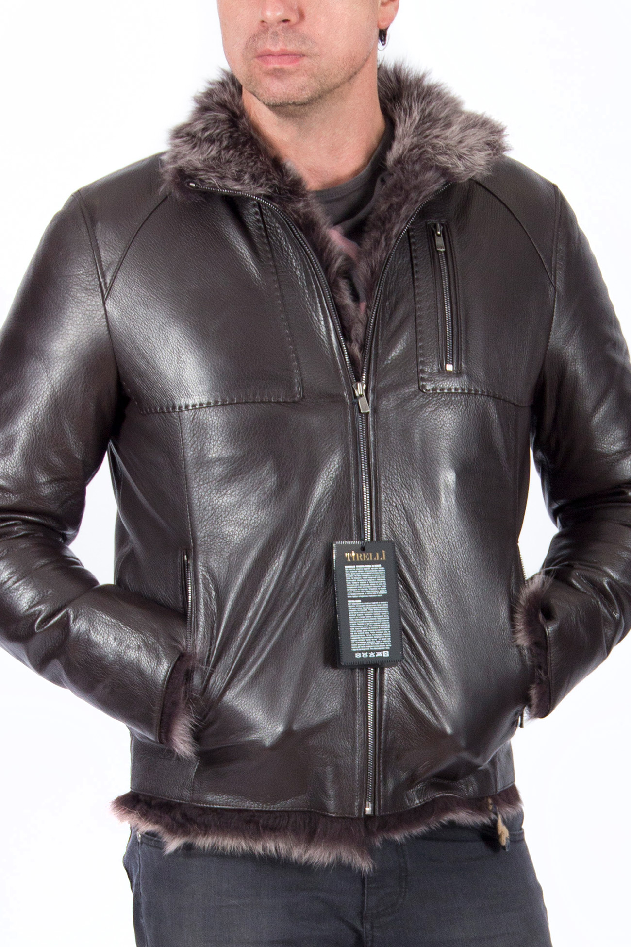 Зимняя кожаная куртка мужская с натуральным мехом ягненка купить в Москве